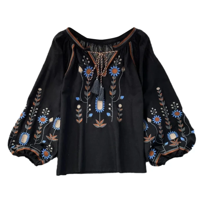 Casual Women Fashion V-neck Long Lantern Sleeve Embroidery Shirts Vintage Tops Blouses