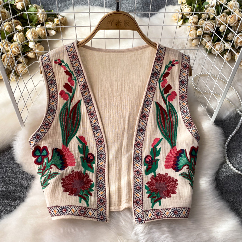 Ethnic Style V-neck Embroidery Floral Sleeveless Waistcoat Female Almighty Holiday Beach Vests