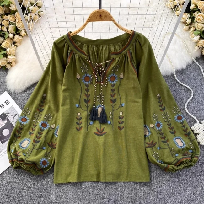 Casual Women Fashion V-neck Long Lantern Sleeve Embroidery Shirts Vintage Tops Blouses