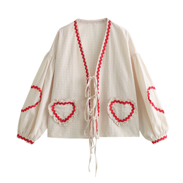 Retro Women's Loose Heart Pocket Fashion Casual V Neck Bow Button Shirt Chic Top