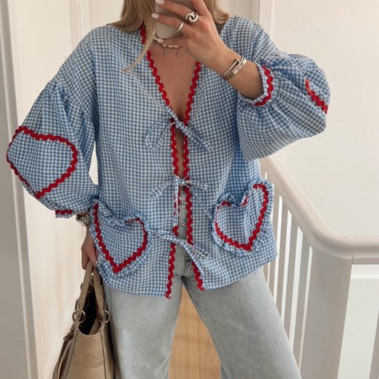 Retro Women's Loose Heart Pocket Fashion Casual V Neck Bow Button Shirt Chic Top
