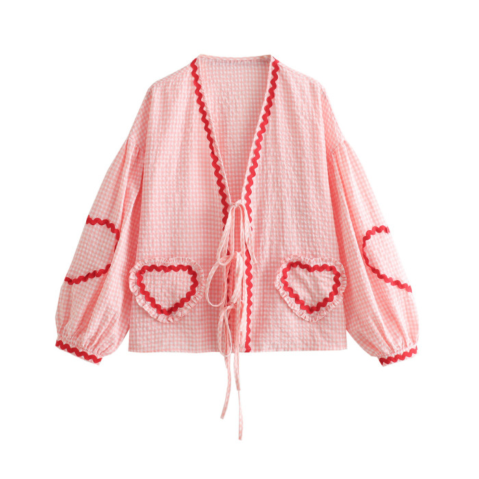 Retro Women's Loose Heart Pocket Fashion Casual V Neck Bow Button Shirt Chic Top