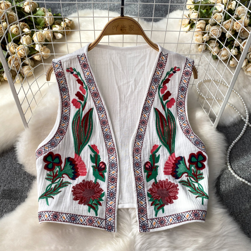 Ethnic Style V-neck Embroidery Floral Sleeveless Waistcoat Female Almighty Holiday Beach Vests