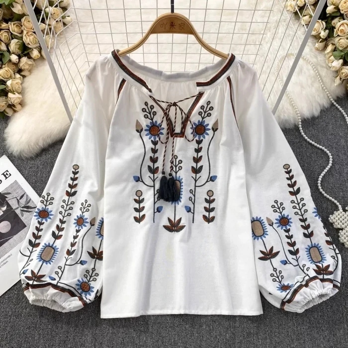 Casual Women Fashion V-neck Long Lantern Sleeve Embroidery Shirts Vintage Tops Blouses