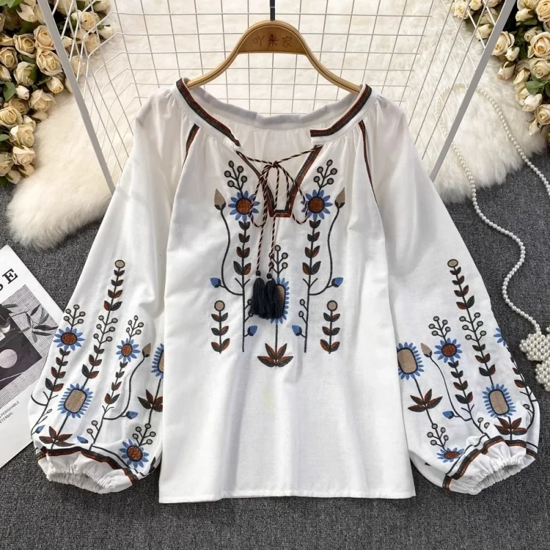Casual Women Fashion V-neck Long Lantern Sleeve Embroidery Shirts Vintage Tops Blouses