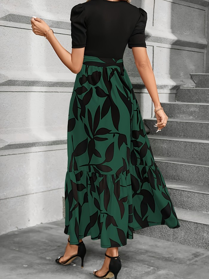 Floral Print Crew Neck Dress, Elegant Short Sleeve Dress For Spring & Summer, Women's Clothing