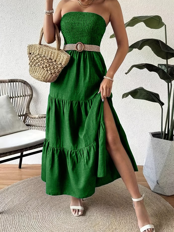 Strapless Split Hem Tiered Tube Dress, Casual Straight Neck A-line Shirred Dress For Spring & Summer, Women's Clothing
