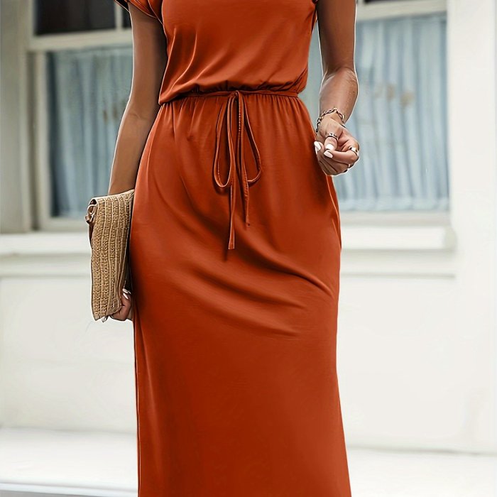 Solid Tie Waist Split Side Dress, Vacation Short Sleeve Crew Neck Dress, Women's Clothing