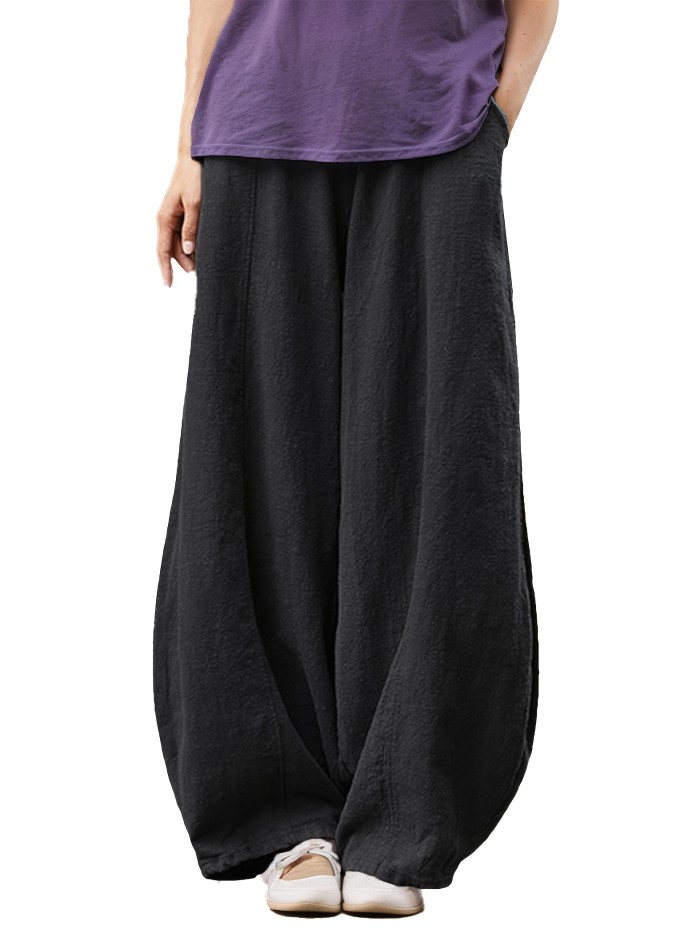 Solid Color Baggy Harem Pants, Casual Elastic Waist Comfy Daily Wear Pants With Pocket, Women's Clothing