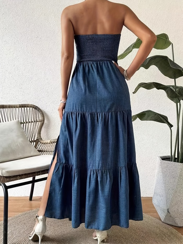 Strapless Split Hem Tiered Tube Dress, Casual Straight Neck A-line Shirred Dress For Spring & Summer, Women's Clothing