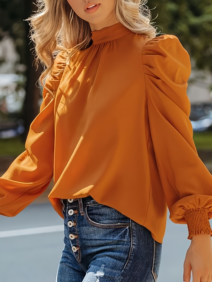 Tied Back Mock Neck Blouse, Elegant Puff Sleeve Blouse For Spring & Fall, Women's Clothing