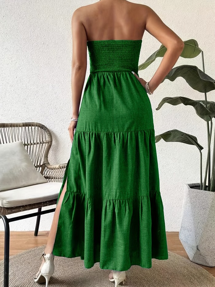 Strapless Split Hem Tiered Tube Dress, Casual Straight Neck A-line Shirred Dress For Spring & Summer, Women's Clothing
