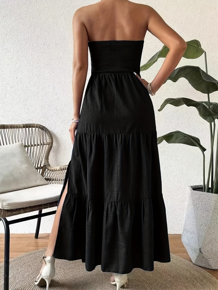 Strapless Split Hem Tiered Tube Dress, Casual Straight Neck A-line Shirred Dress For Spring & Summer, Women's Clothing