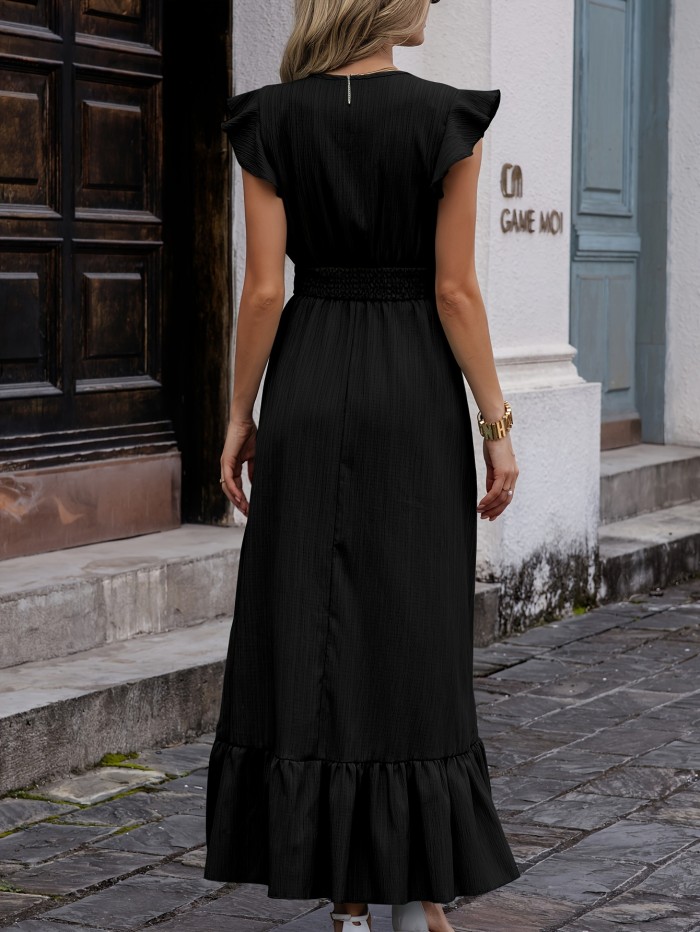 Solid Surplice Neck Dress, Elegant Ruffle Sleeve Dress For Spring & Summer, Women's Clothing