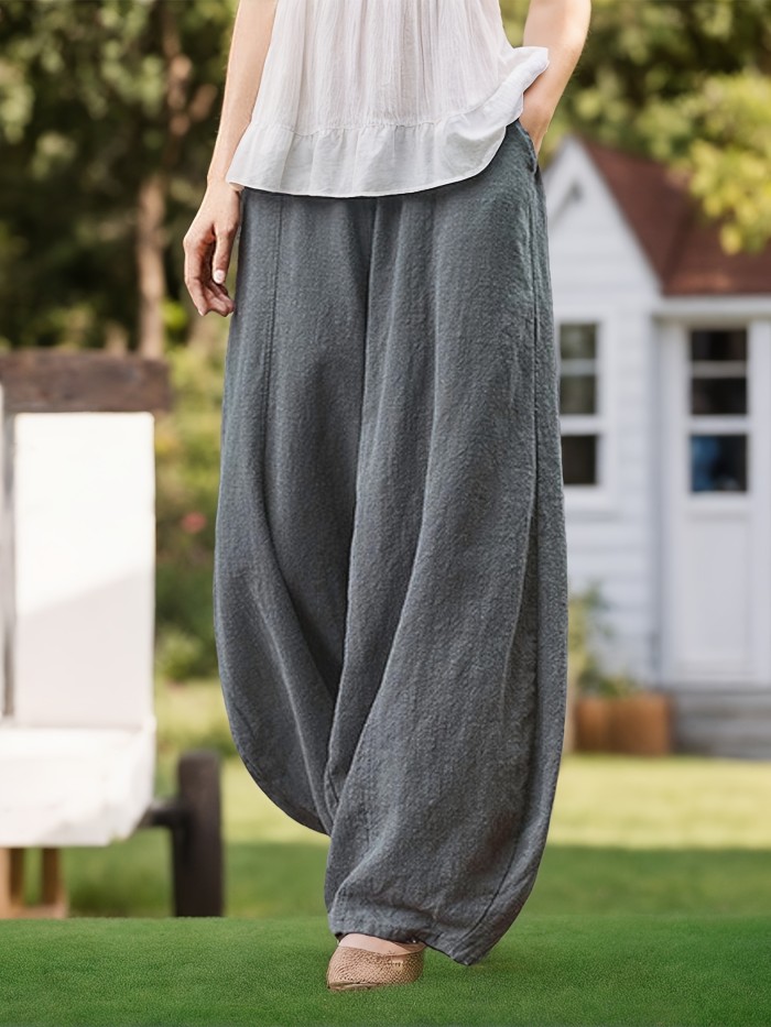 Solid Color Baggy Harem Pants, Casual Elastic Waist Comfy Daily Wear Pants With Pocket, Women's Clothing