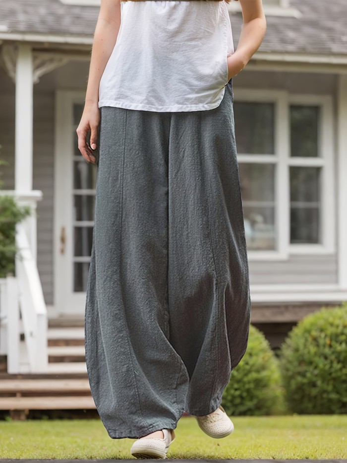 Solid Color Baggy Harem Pants, Casual Elastic Waist Comfy Daily Wear Pants With Pocket, Women's Clothing