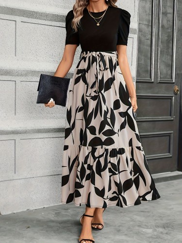 Floral Print Crew Neck Dress, Elegant Short Sleeve Dress For Spring & Summer, Women's Clothing