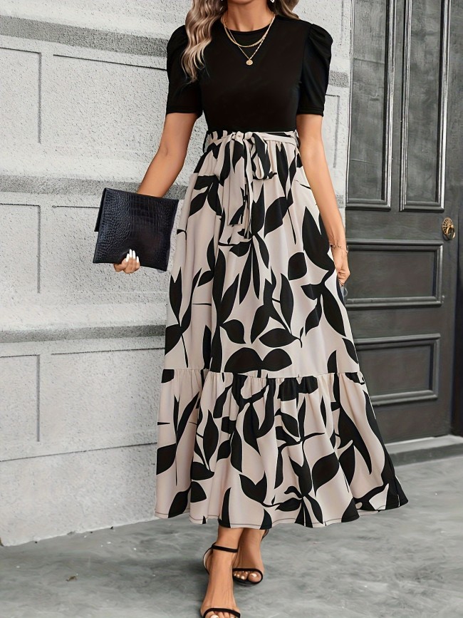 Floral Print Crew Neck Dress, Elegant Short Sleeve Dress For Spring & Summer, Women's Clothing