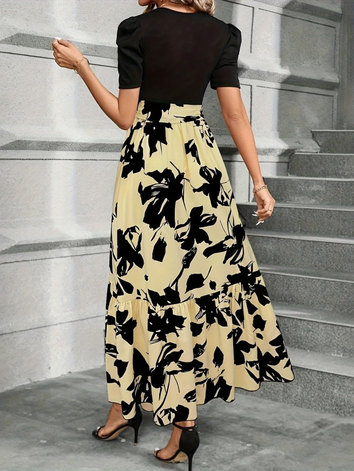 Floral Print Crew Neck Dress, Elegant Short Sleeve Dress For Spring & Summer, Women's Clothing