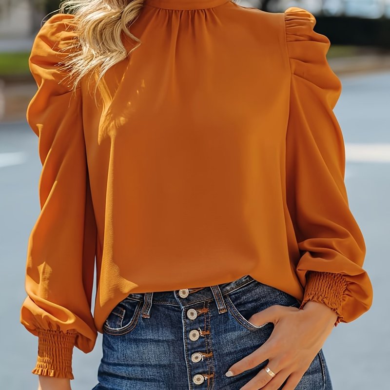 Tied Back Mock Neck Blouse, Elegant Puff Sleeve Blouse For Spring & Fall, Women's Clothing
