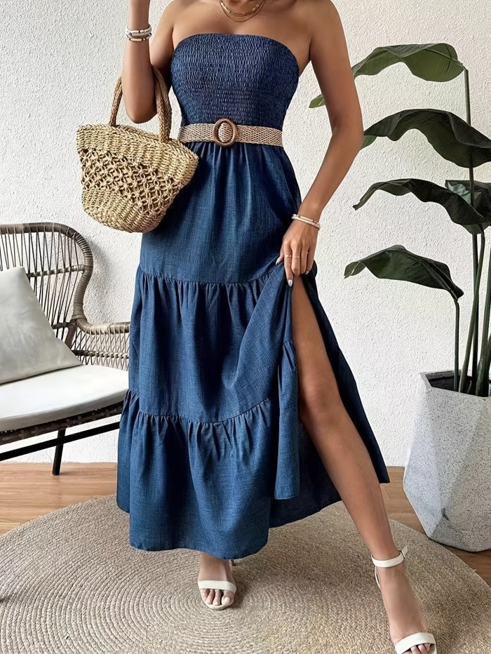 Strapless Split Hem Tiered Tube Dress, Casual Straight Neck A-line Shirred Dress For Spring & Summer, Women's Clothing