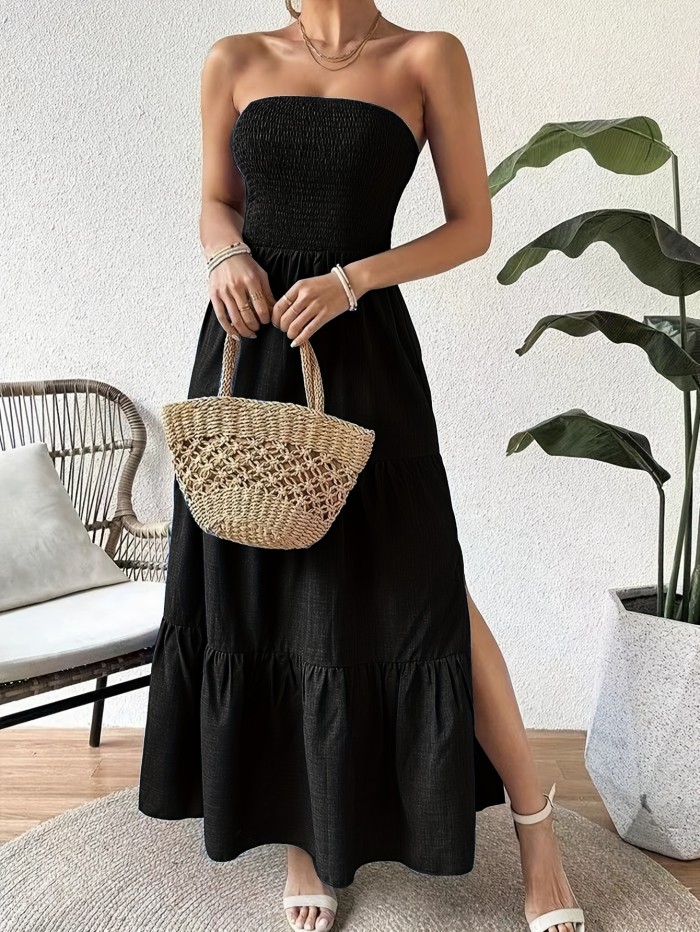 Strapless Split Hem Tiered Tube Dress, Casual Straight Neck A-line Shirred Dress For Spring & Summer, Women's Clothing
