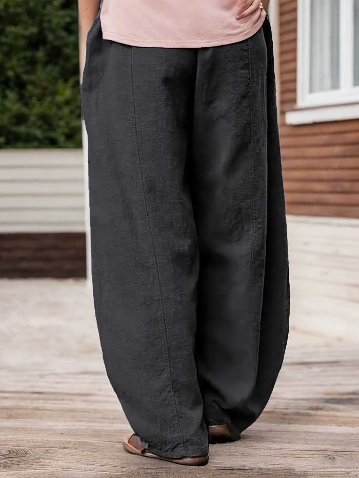 Solid Color Baggy Harem Pants, Casual Elastic Waist Comfy Daily Wear Pants With Pocket, Women's Clothing