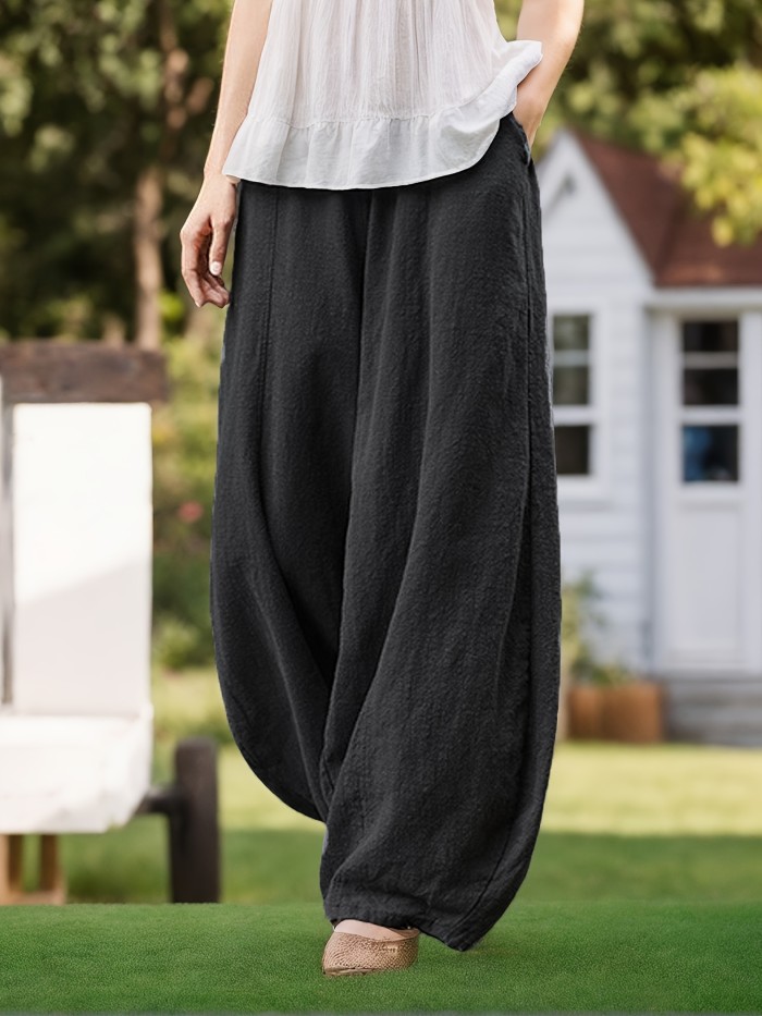Solid Color Baggy Harem Pants, Casual Elastic Waist Comfy Daily Wear Pants With Pocket, Women's Clothing