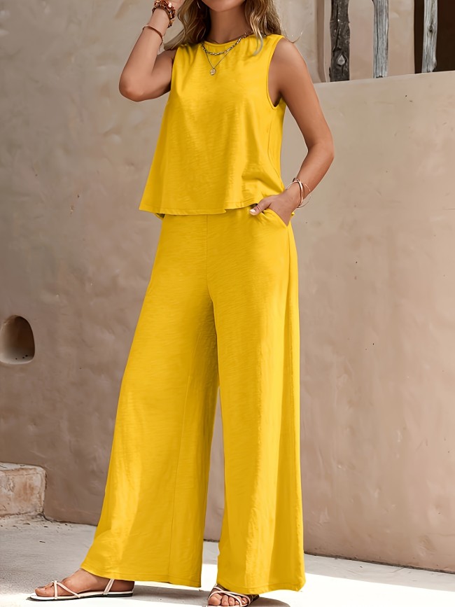 Solid Elegant Two-piece Set, Sleeveless Tank Top & Wide Leg Loose Pants Outfits, Women's Clothing