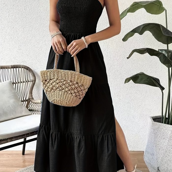 Strapless Split Hem Tiered Tube Dress, Casual Straight Neck A-line Shirred Dress For Spring & Summer, Women's Clothing