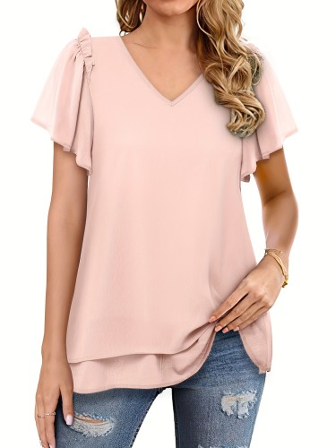 Women's V Neck Tunic Tops Dressy Casual Flutter Sleeve Tiered Chiffon Blouse