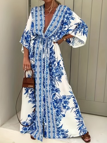 Floral Print Plunge Neck Dress, Resort Wear Bracelet Sleeve Loose Split Dress, Women's Clothing