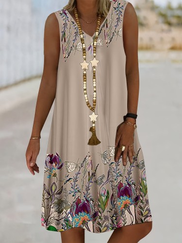 Floral Print V-neck Tank Dress, Vacation Sleeveless Dress For Summer & Spring, Women's Clothing