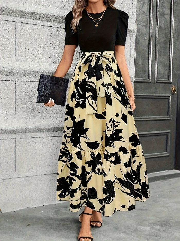 Floral Print Crew Neck Dress, Elegant Short Sleeve Dress For Spring & Summer, Women's Clothing