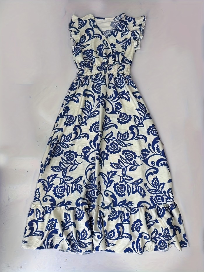 Solid Surplice Neck Dress, Elegant Ruffle Sleeve Dress For Spring & Summer, Women's Clothing