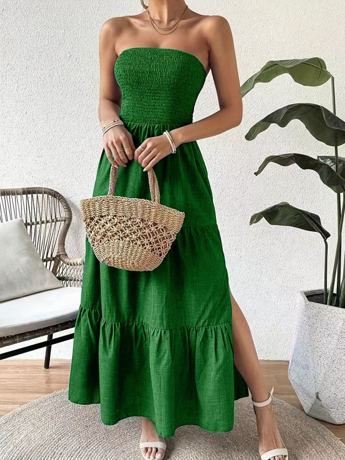 Strapless Split Hem Tiered Tube Dress, Casual Straight Neck A-line Shirred Dress For Spring & Summer, Women's Clothing