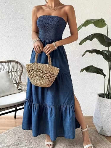 Strapless Split Hem Tiered Tube Dress, Casual Straight Neck A-line Shirred Dress For Spring & Summer, Women's Clothing