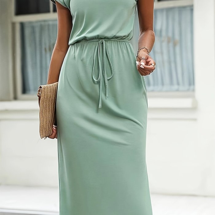 Solid Tie Waist Split Side Dress, Vacation Short Sleeve Crew Neck Dress, Women's Clothing