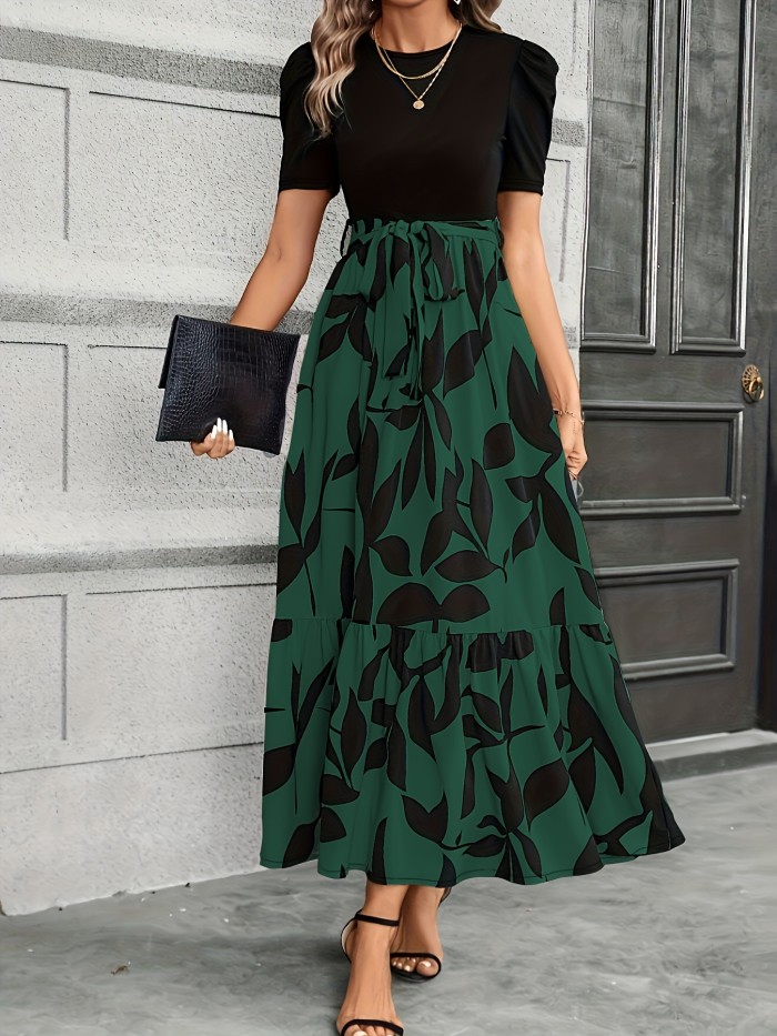 Floral Print Crew Neck Dress, Elegant Short Sleeve Dress For Spring & Summer, Women's Clothing