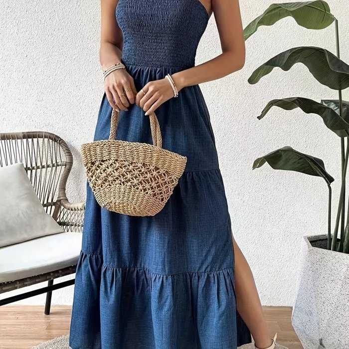 Strapless Split Hem Tiered Tube Dress, Casual Straight Neck A-line Shirred Dress For Spring & Summer, Women's Clothing