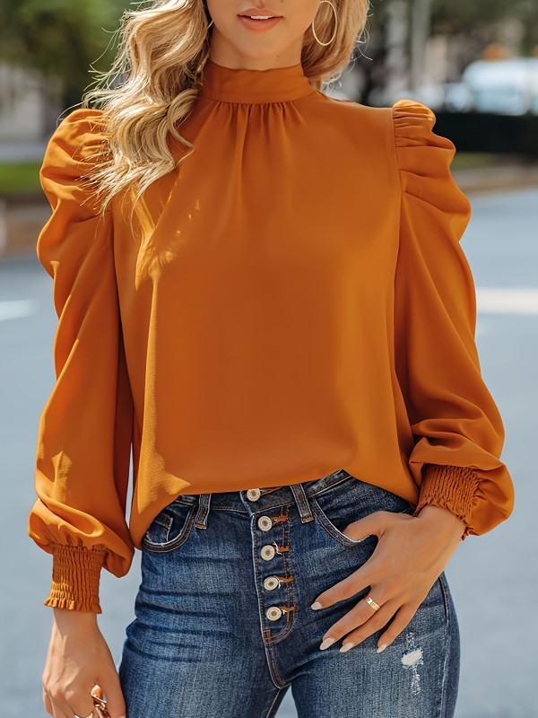 Tied Back Mock Neck Blouse, Elegant Puff Sleeve Blouse For Spring & Fall, Women's Clothing