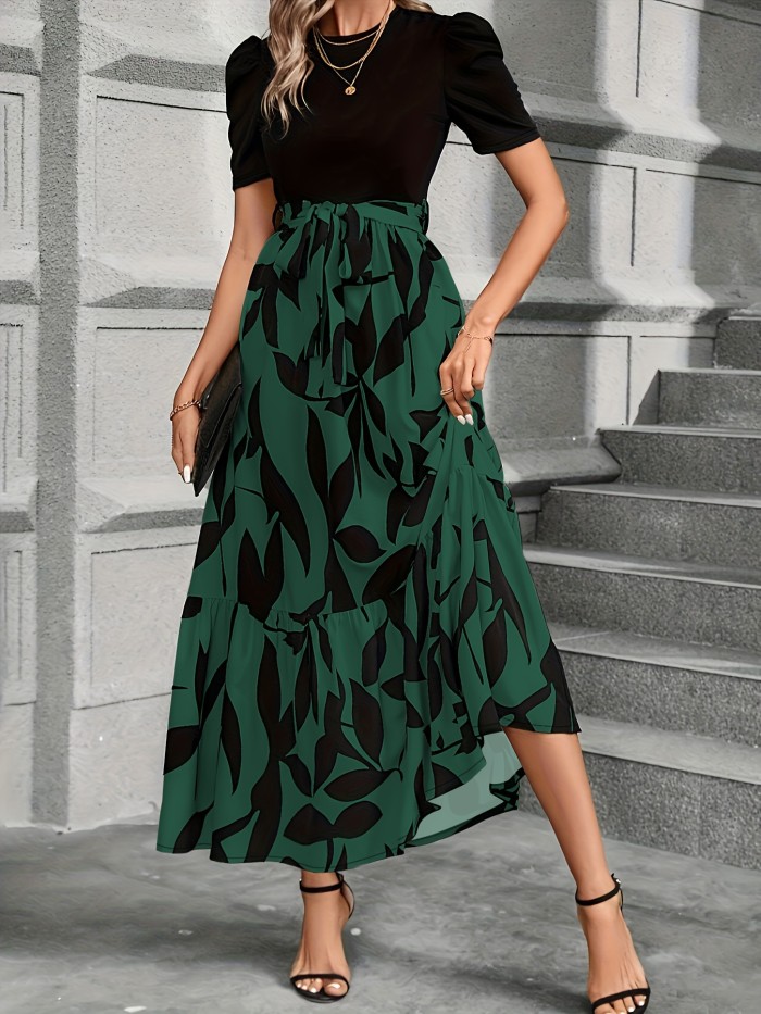 Floral Print Crew Neck Dress, Elegant Short Sleeve Dress For Spring & Summer, Women's Clothing