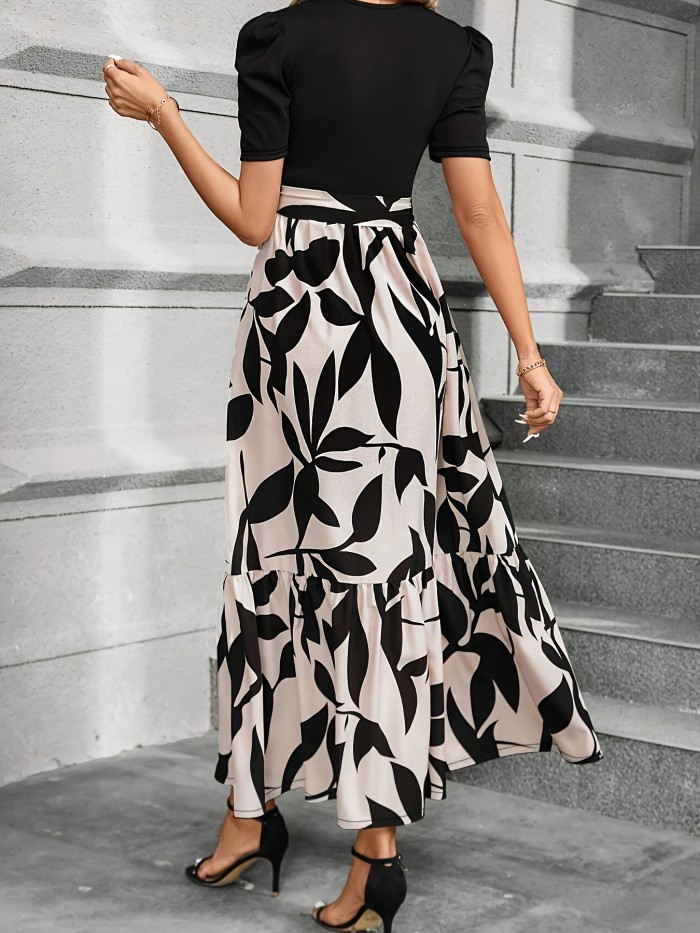 Floral Print Crew Neck Dress, Elegant Short Sleeve Dress For Spring & Summer, Women's Clothing