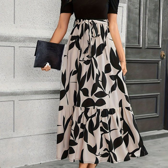 Floral Print Crew Neck Dress, Elegant Short Sleeve Dress For Spring & Summer, Women's Clothing