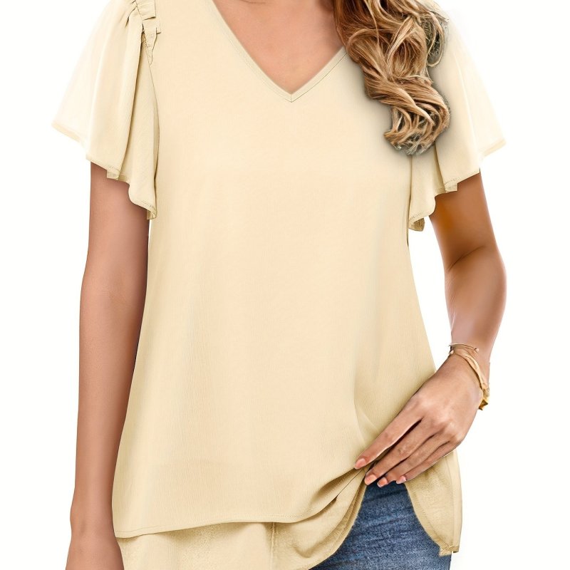 Women's V Neck Tunic Tops Dressy Casual Flutter Sleeve Tiered Chiffon Blouse