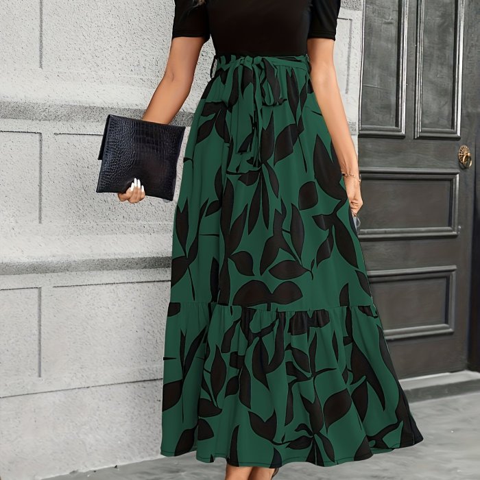 Floral Print Crew Neck Dress, Elegant Short Sleeve Dress For Spring & Summer, Women's Clothing