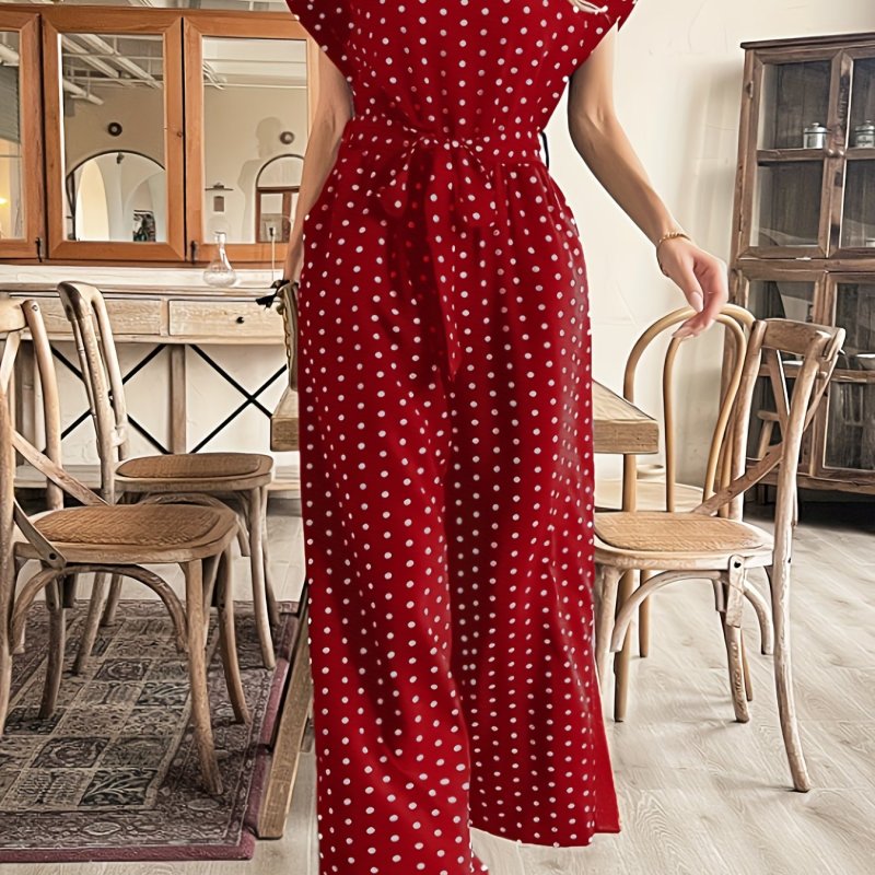 Polka Dot Tie Waist Jumpsuit, Elegant Batwing Sleeve Wide Leg Pocket Jumpsuit For Spring & Summer, Women's Clothing