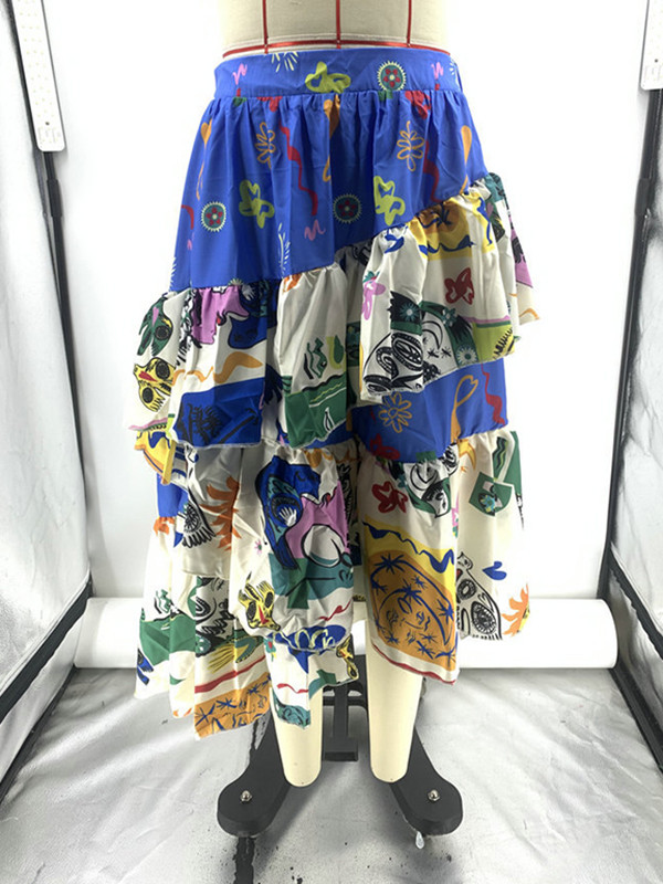 A-Line Loose Elasticity Printed Ruffled Split-Joint Skirts Bottoms