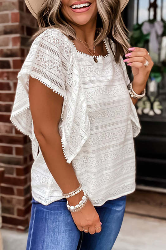Casual Simplicity Solid Lace Hollowed Out O Neck Tops