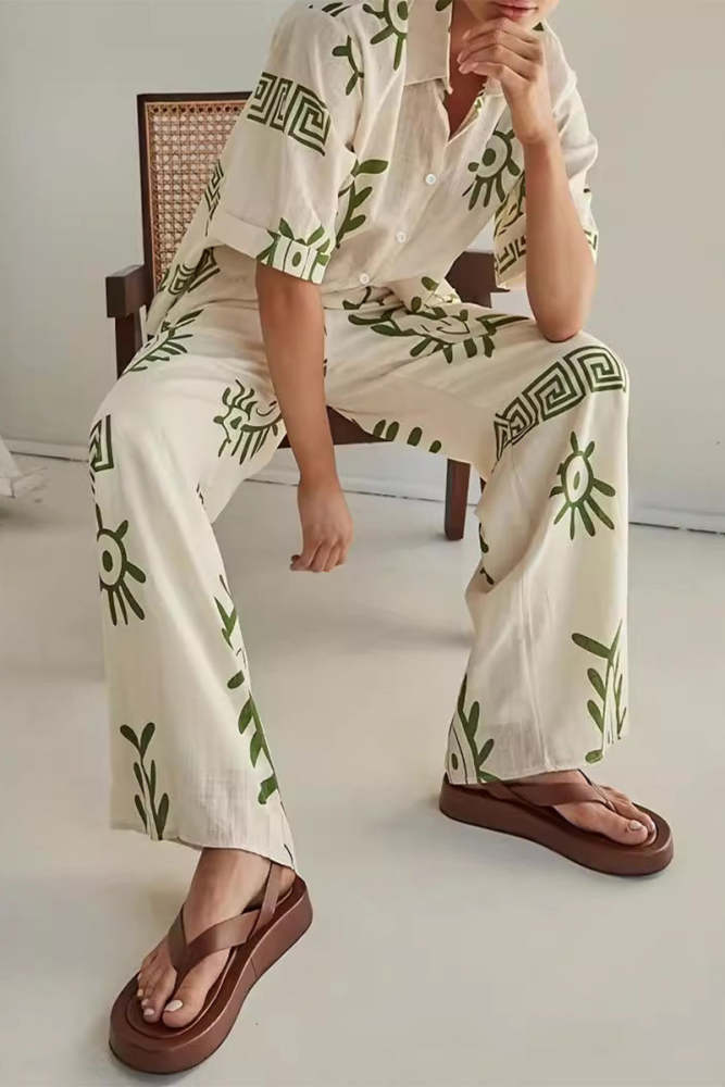 Casual Geometric Print Buttons Turndown Collar Short Sleeve Two Pieces